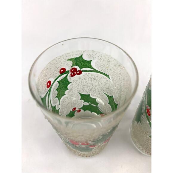 VTG Fred Press Holiday Ice Frosted Holly Leaves & Berries Glasses Set of 3 MCM - Picture 6 of 13
